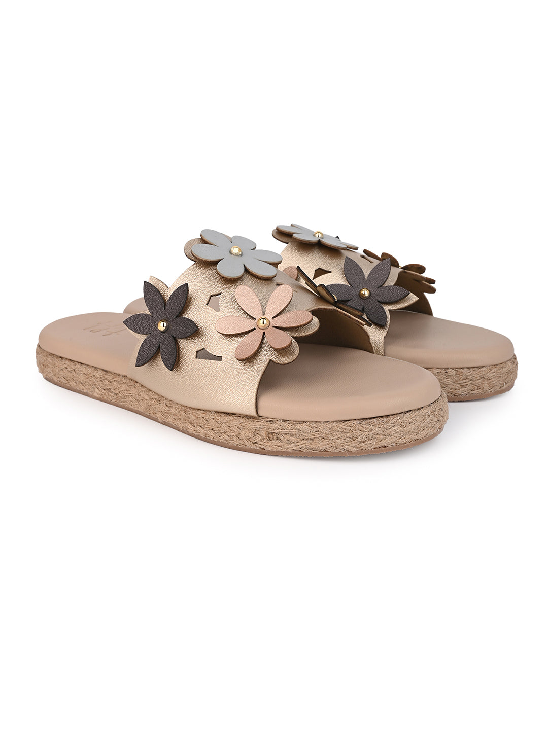 Hydes N Hues Golden Flat Sandal For Women with jute mid sole