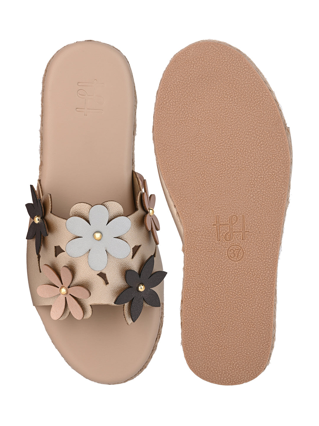 Hydes N Hues Golden Flat Sandal For Women with jute mid sole