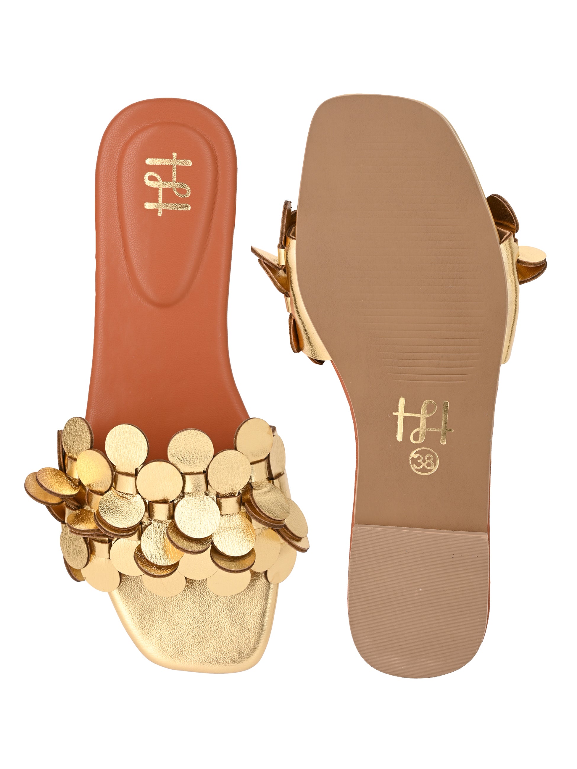 Hydes and Hues Women Open-Toe Gold Coin flats