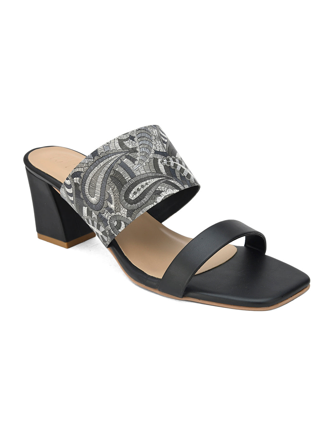 Hydes N Hues Paisely Printed Black & Grey Block Heel