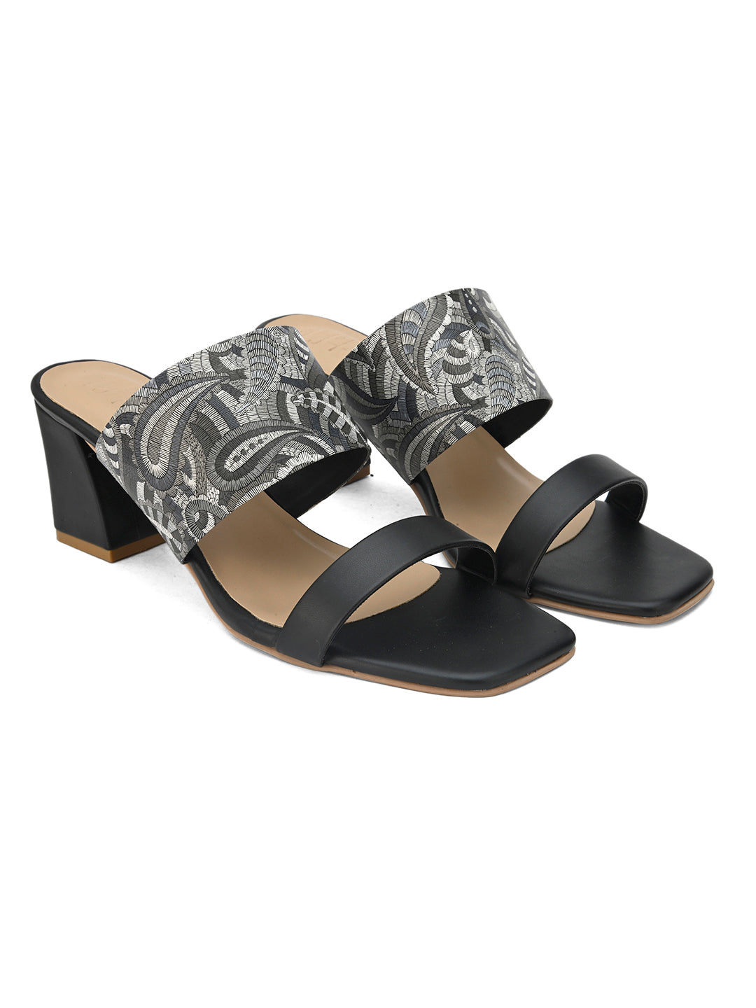 Hydes N Hues Paisely Printed Black & Grey Block Heel