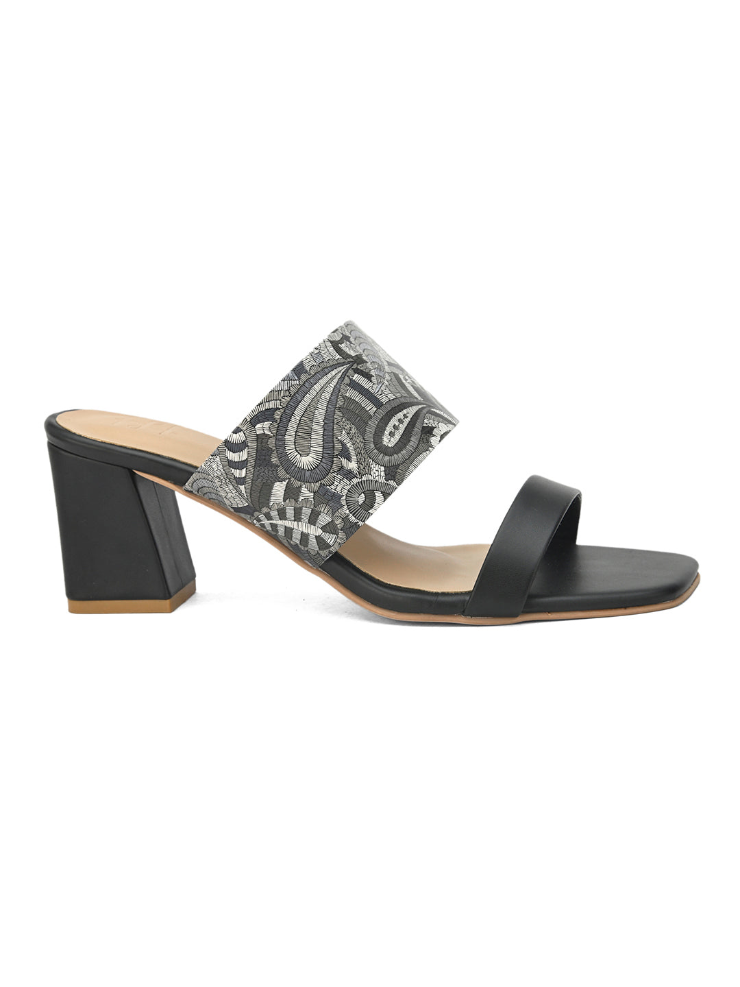 Hydes N Hues Paisely Printed Black & Grey Block Heel