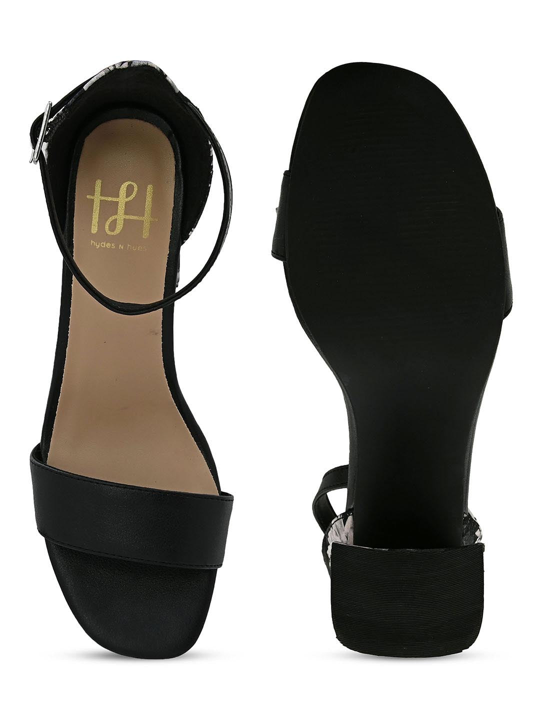 Hydes N Hues Black Block Heels With Printed Fabric Heel
