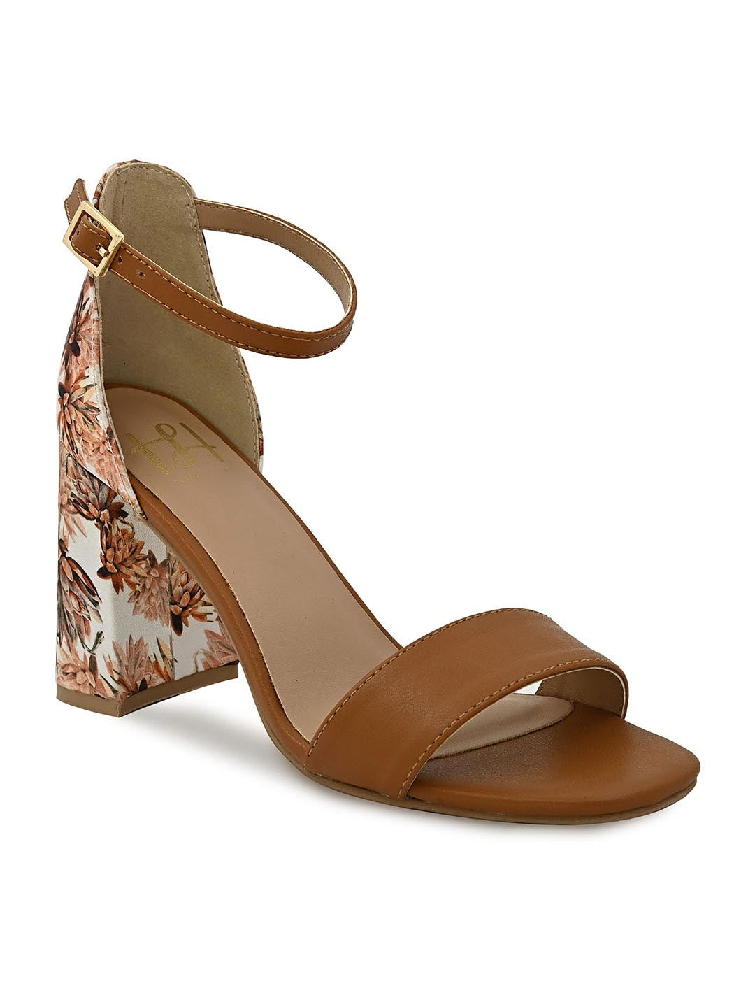 Hydes N Hues Tan Block Sandals with Printed Fabric Heels