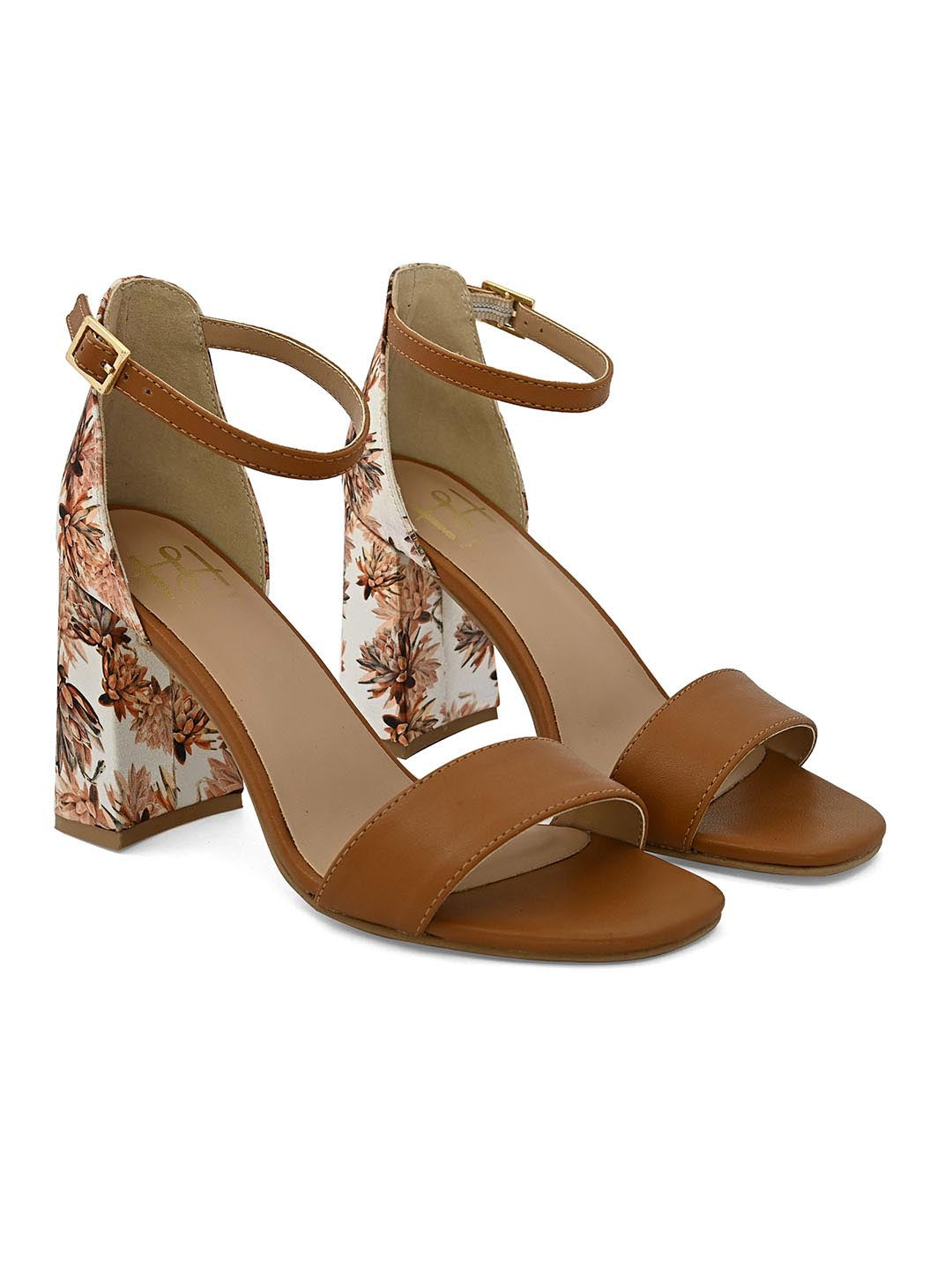 Hydes N Hues Tan Block Sandals with Printed Fabric Heels