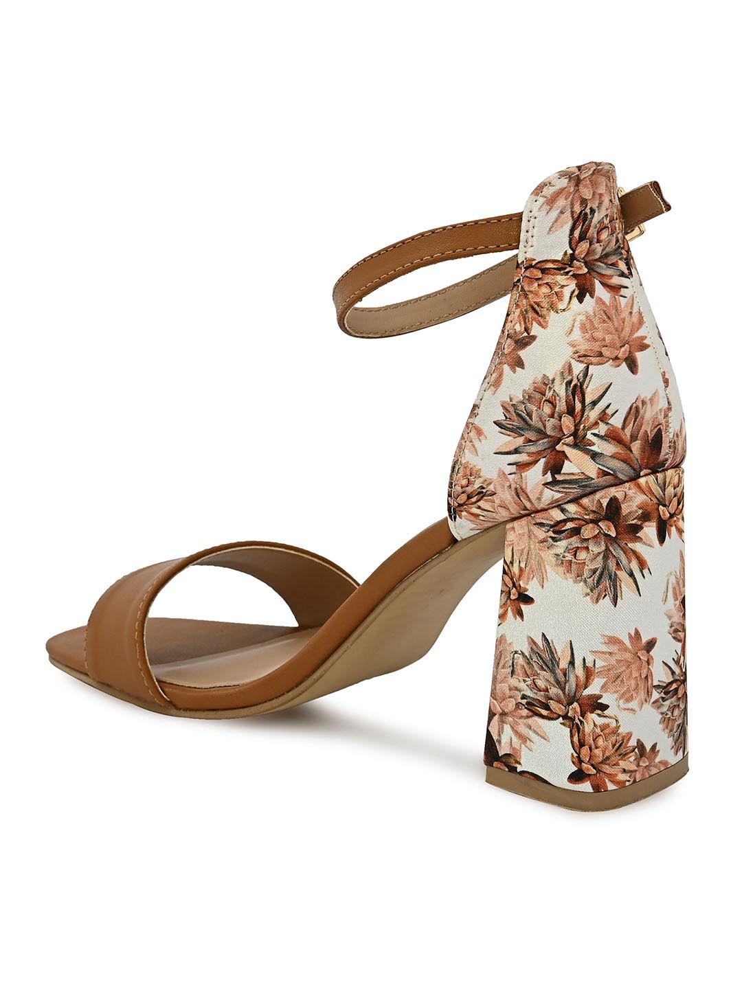 Hydes N Hues Tan Block Sandals with Printed Fabric Heels