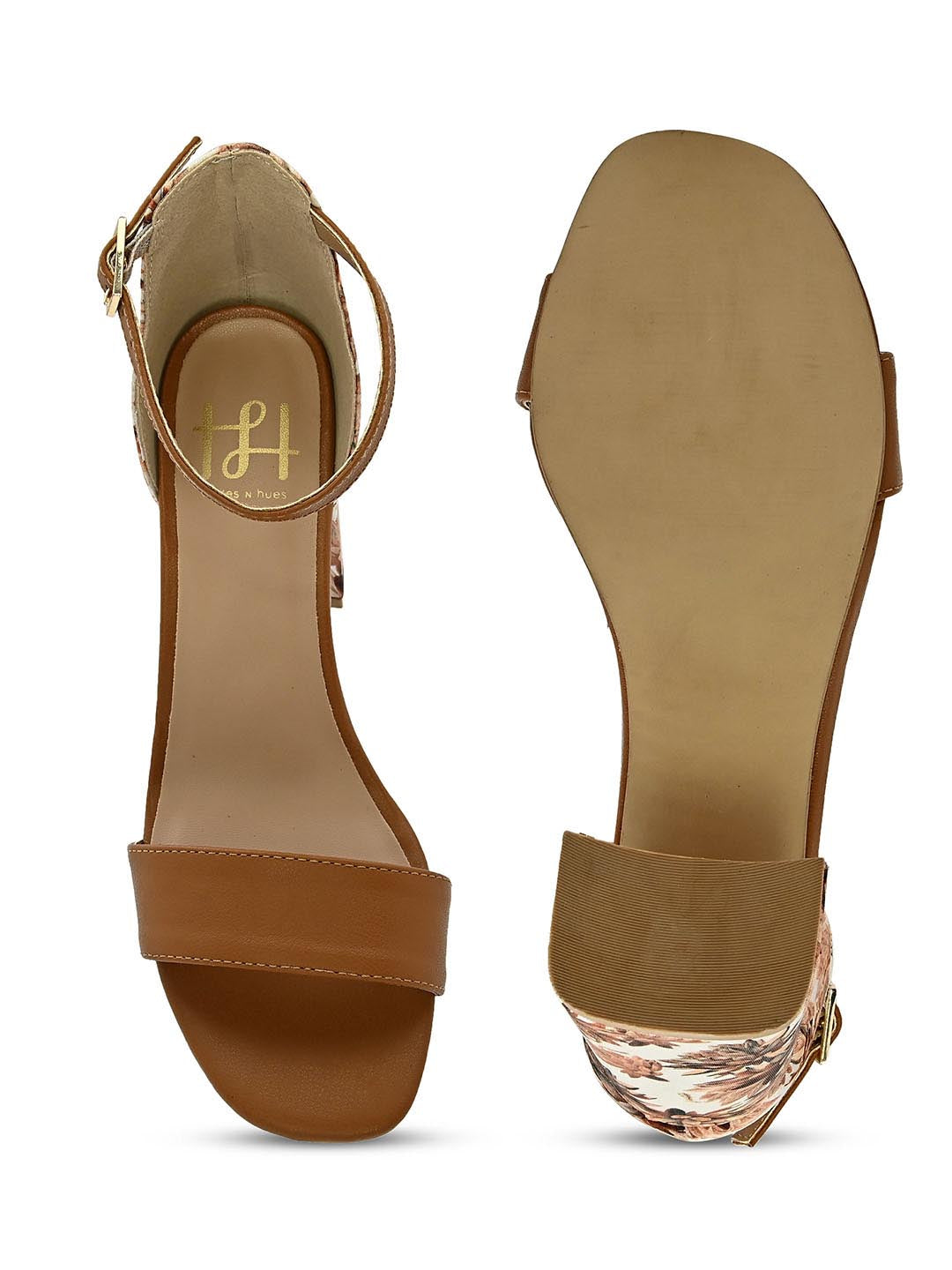 Hydes N Hues Tan Block Sandals with Printed Fabric Heels