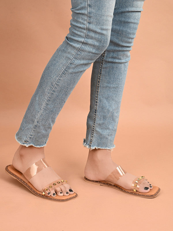 Hydes N Hues Tranparent With Golden Studs Flat Sandal For Women