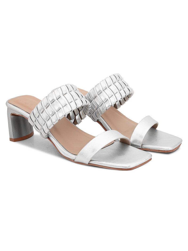 Hydes N Hues Women Silver Band Block Heel Sandals