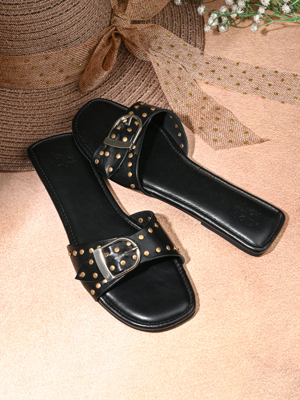 Hydes N Hues Black Buckle Flats For Women
