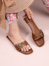Hydes N Hues Tan Buckle Flats For Women