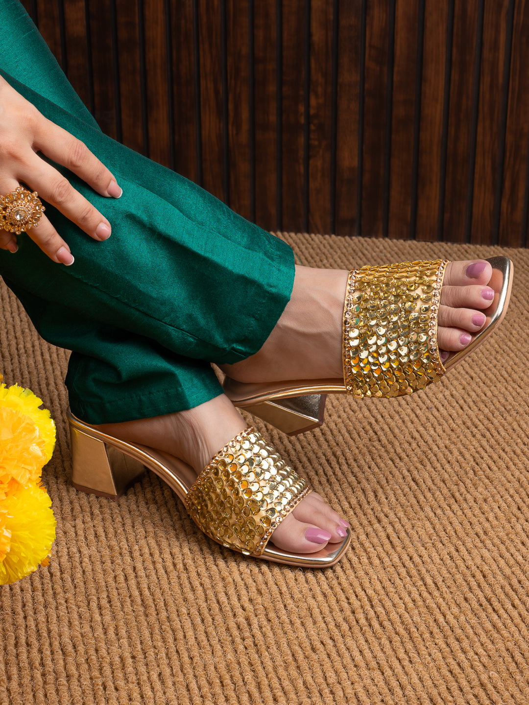 Hydes N Hues Women Embellished Gold Block Heel Sandals