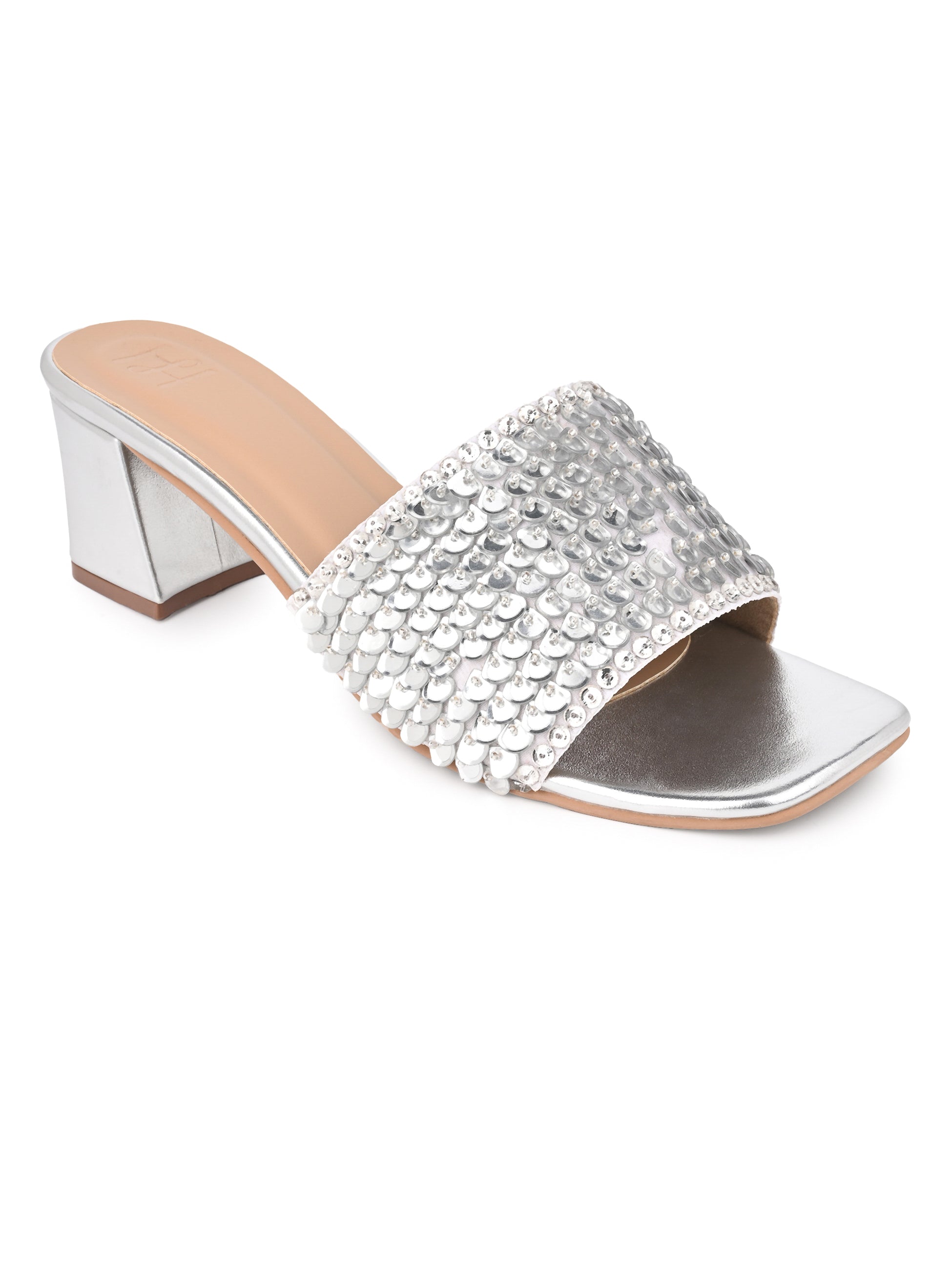 Hydes N Hues Women Embellished Silver Block Heel Sandals