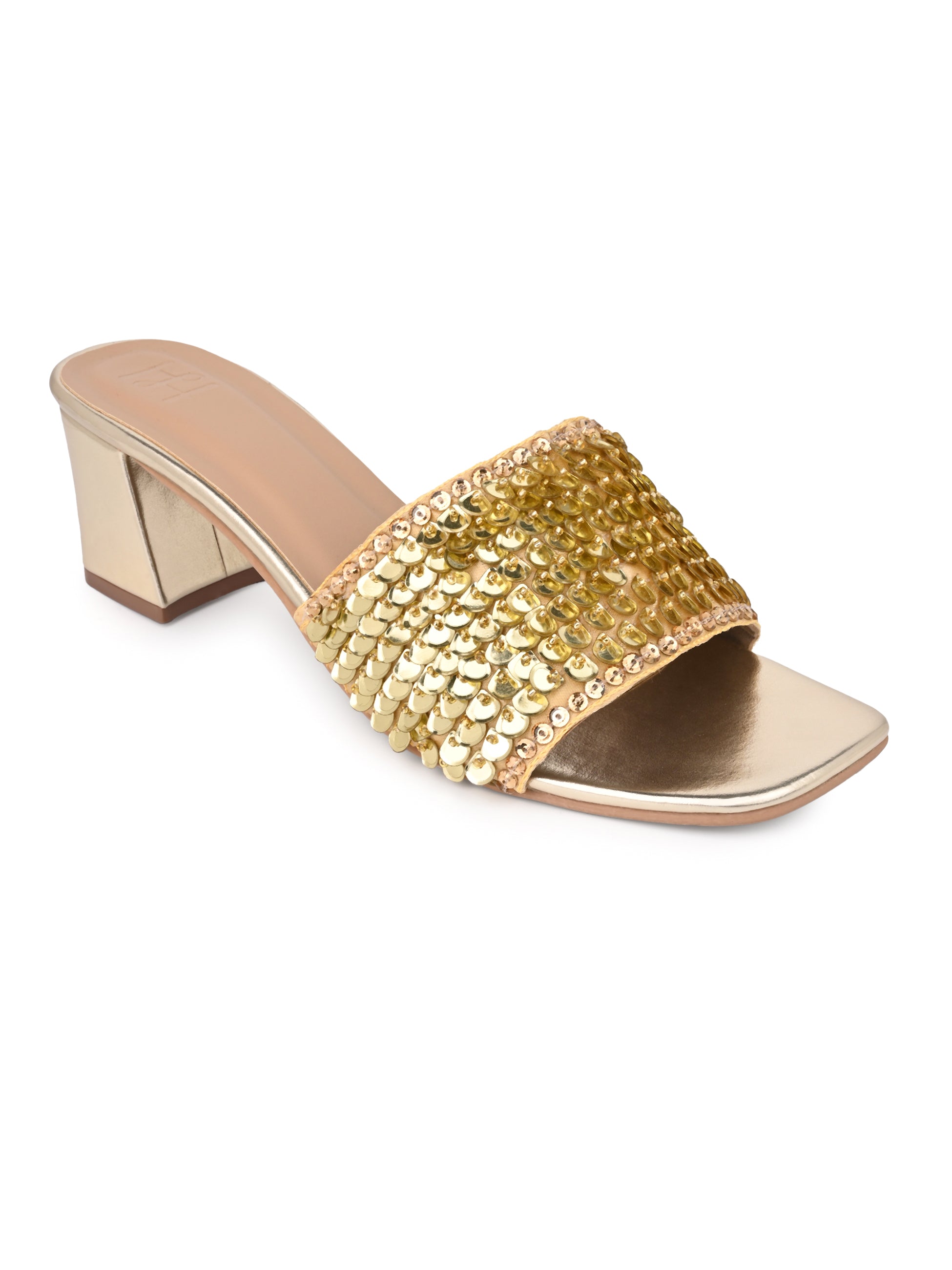 Hydes N Hues Women Embellished Gold Block Heel Sandals