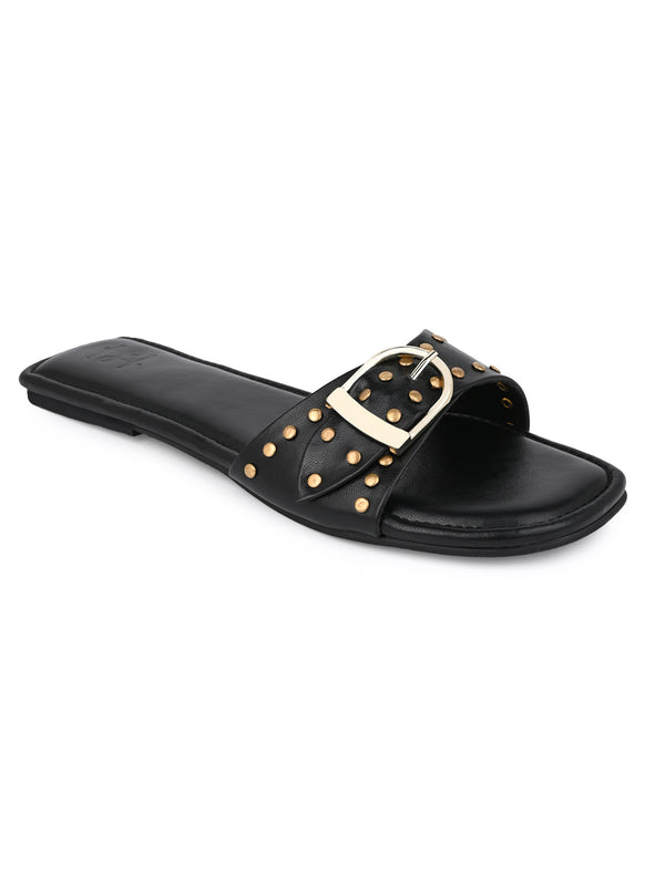 Hydes N Hues Black Buckle Flats For Women