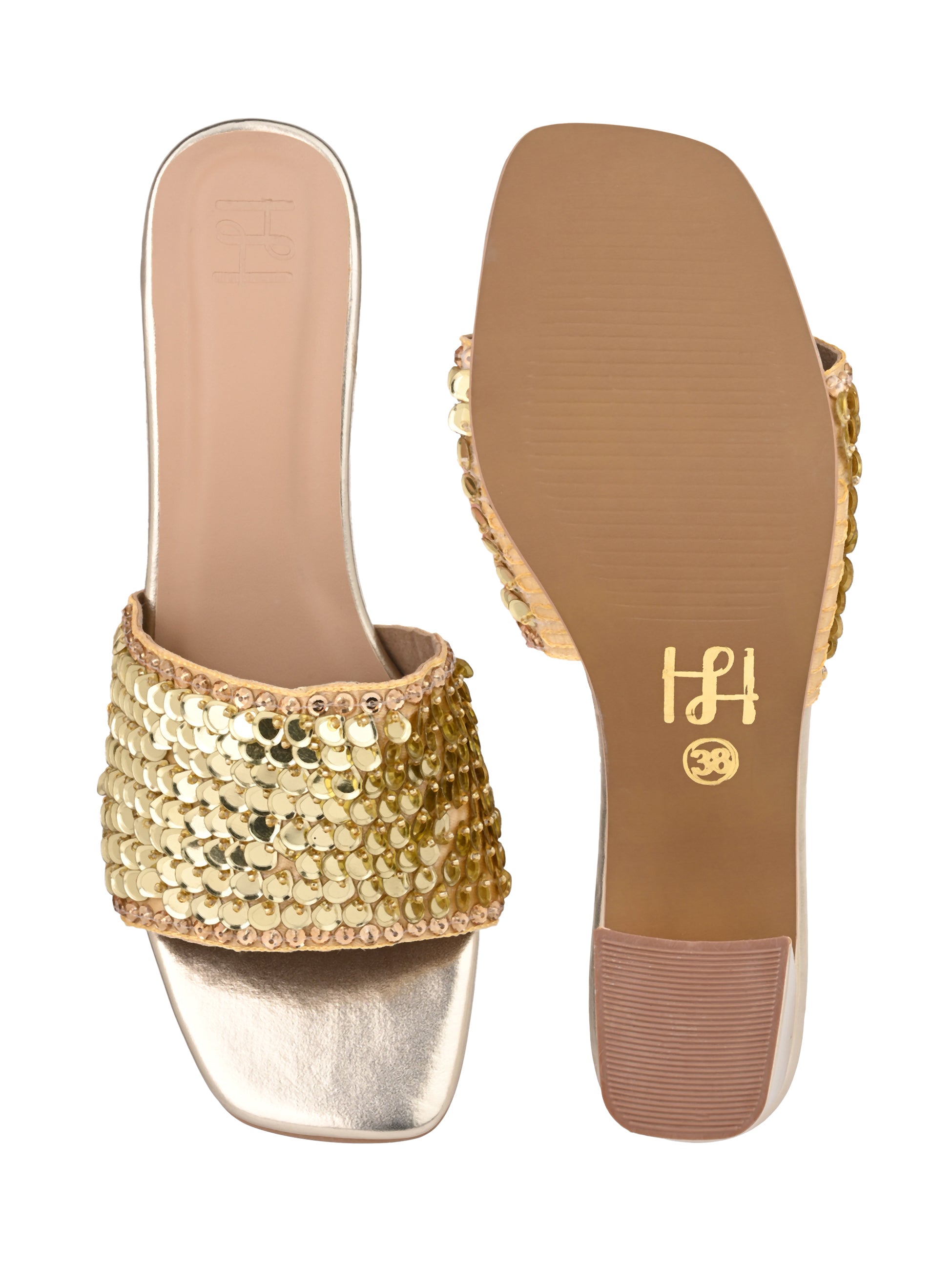 Hydes N Hues Women Embellished Gold Block Heel Sandals