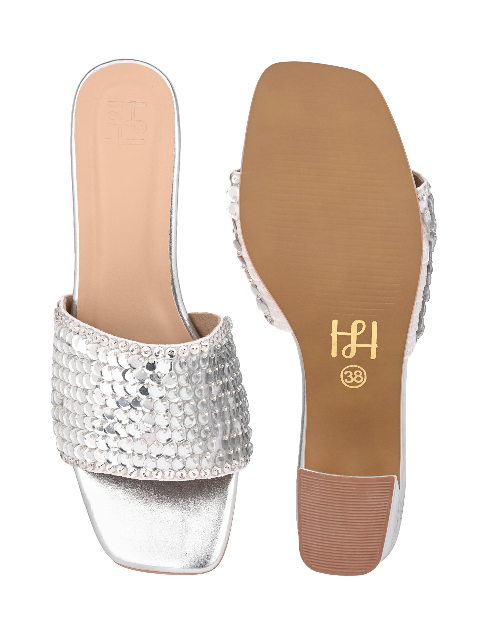 Hydes N Hues Women Embellished Silver Block Heel Sandals