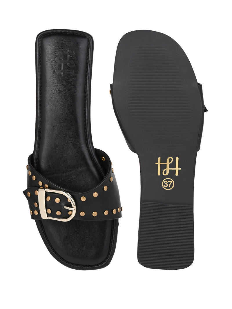 Hydes N Hues Black Buckle Flats For Women