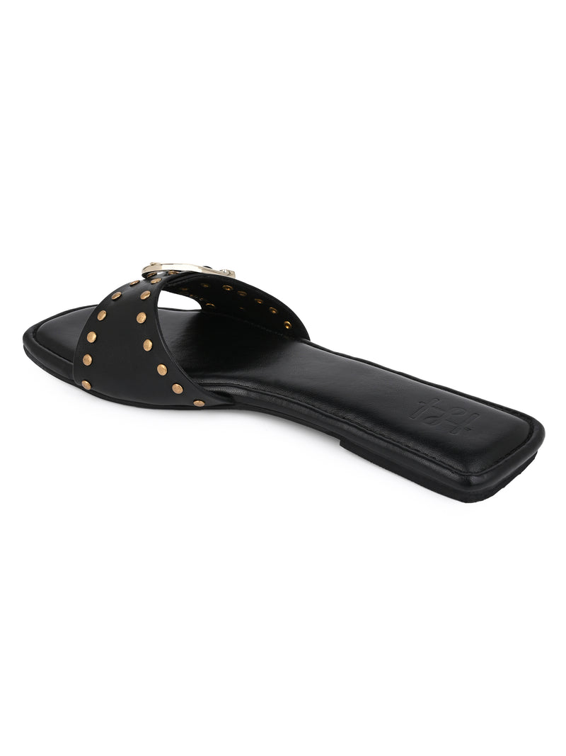 Hydes N Hues Black Buckle Flats For Women