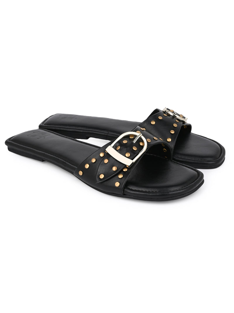 Hydes N Hues Black Buckle Flats For Women