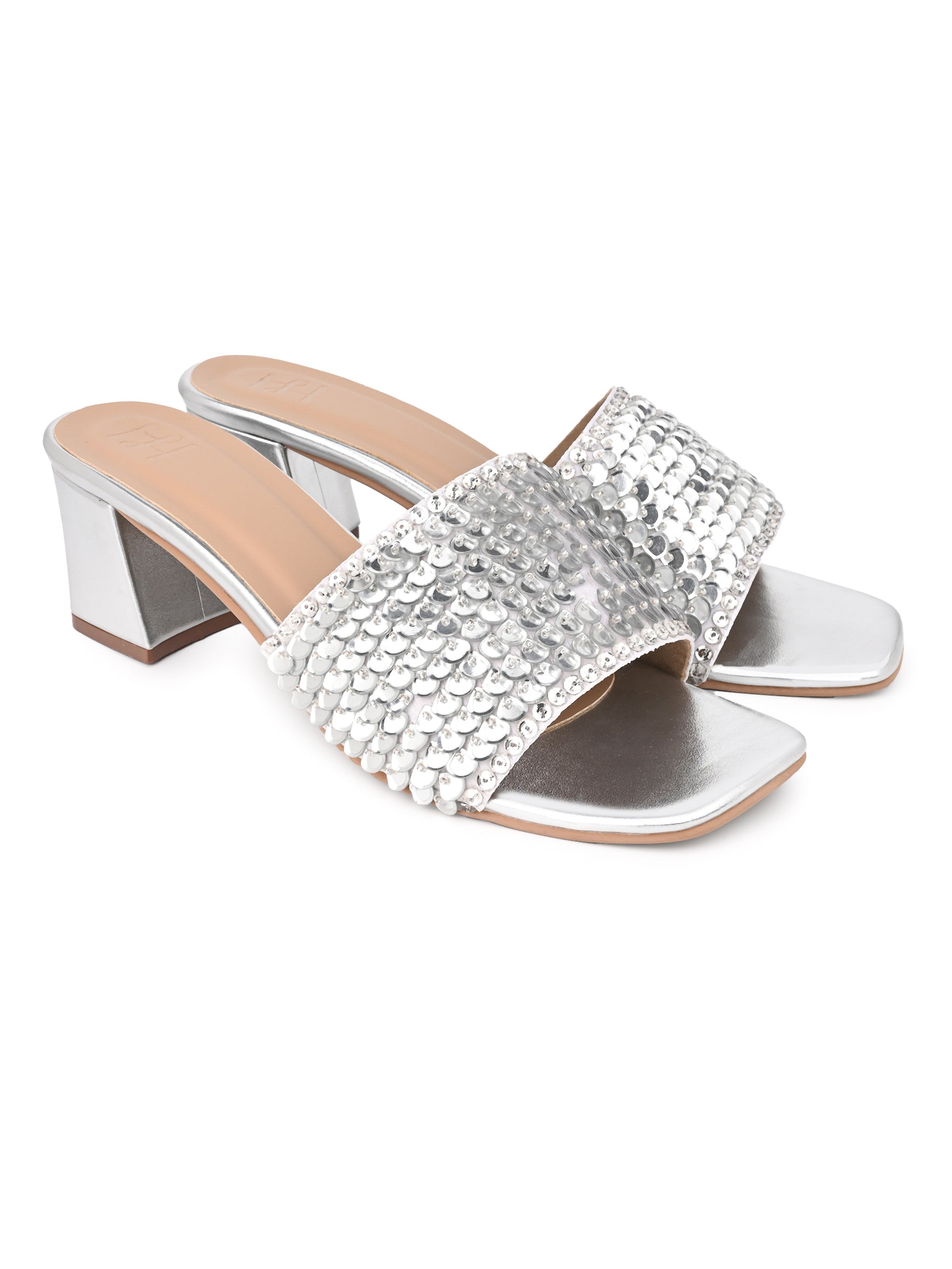 Hydes N Hues Women Embellished Silver Block Heel Sandals
