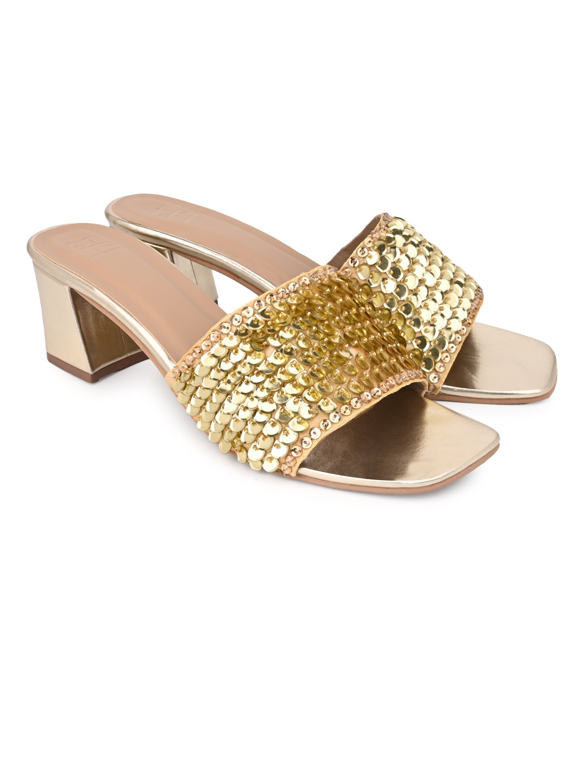 Hydes N Hues Women Embellished Gold Block Heel Sandals