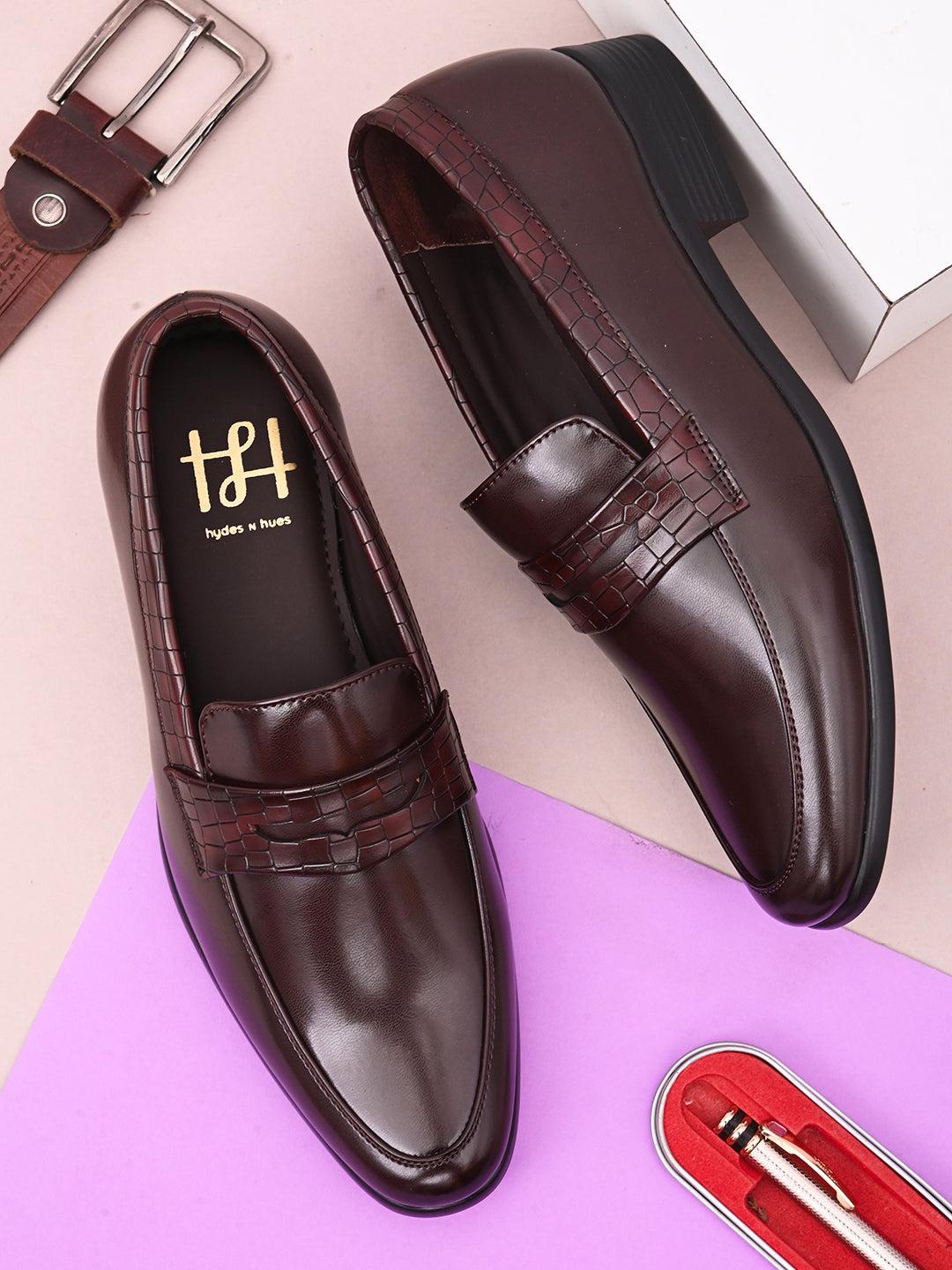 Hydes N Hues Brown Semi-Textured Slip-Ons For Men