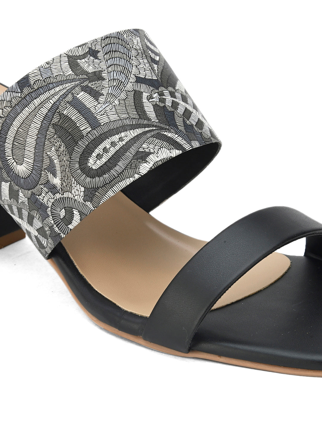 Hydes N Hues Paisely Printed Black & Grey Block Heel