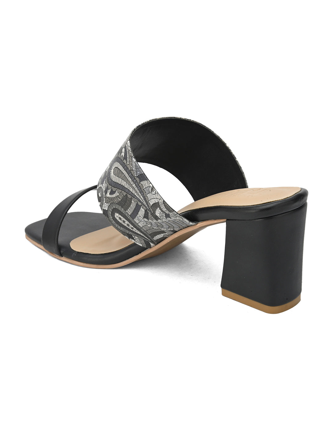 Hydes N Hues Paisely Printed Black & Grey Block Heel