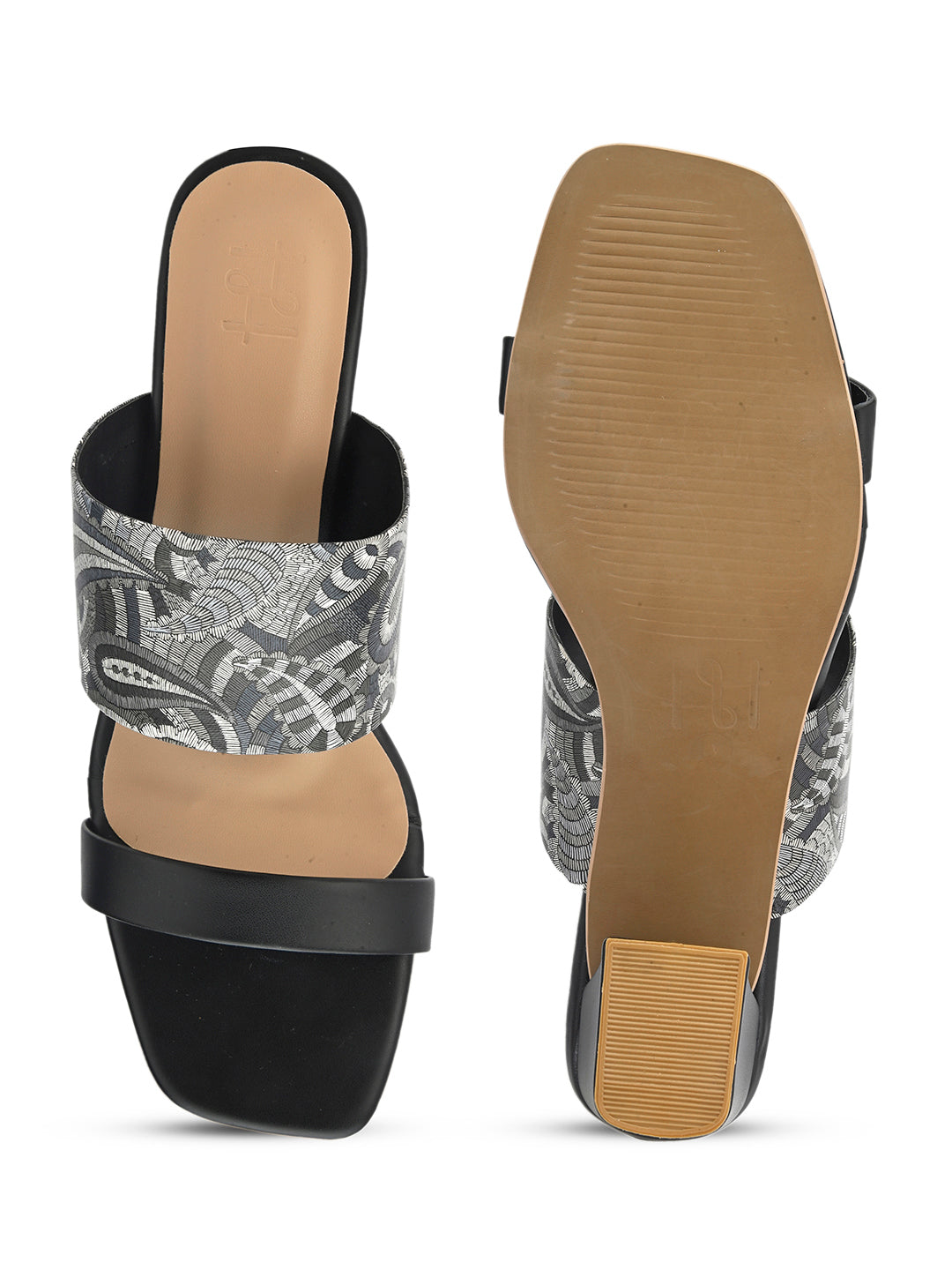 Hydes N Hues Paisely Printed Black & Grey Block Heel