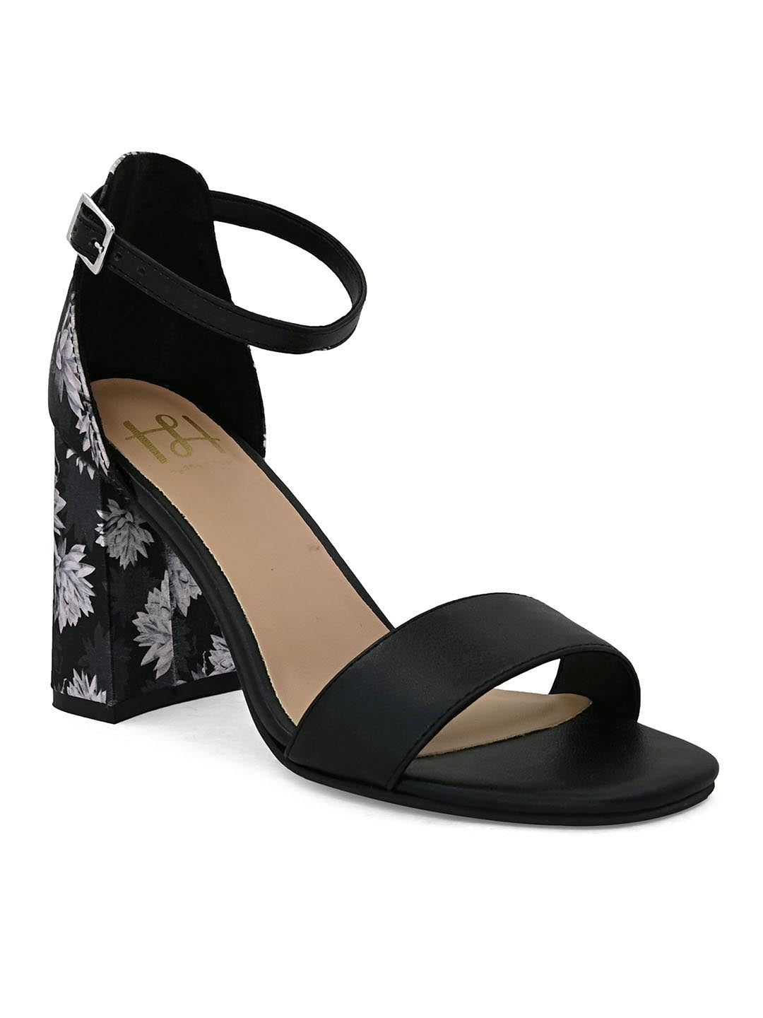 Hydes N Hues Black Block Heels With Printed Fabric Heel