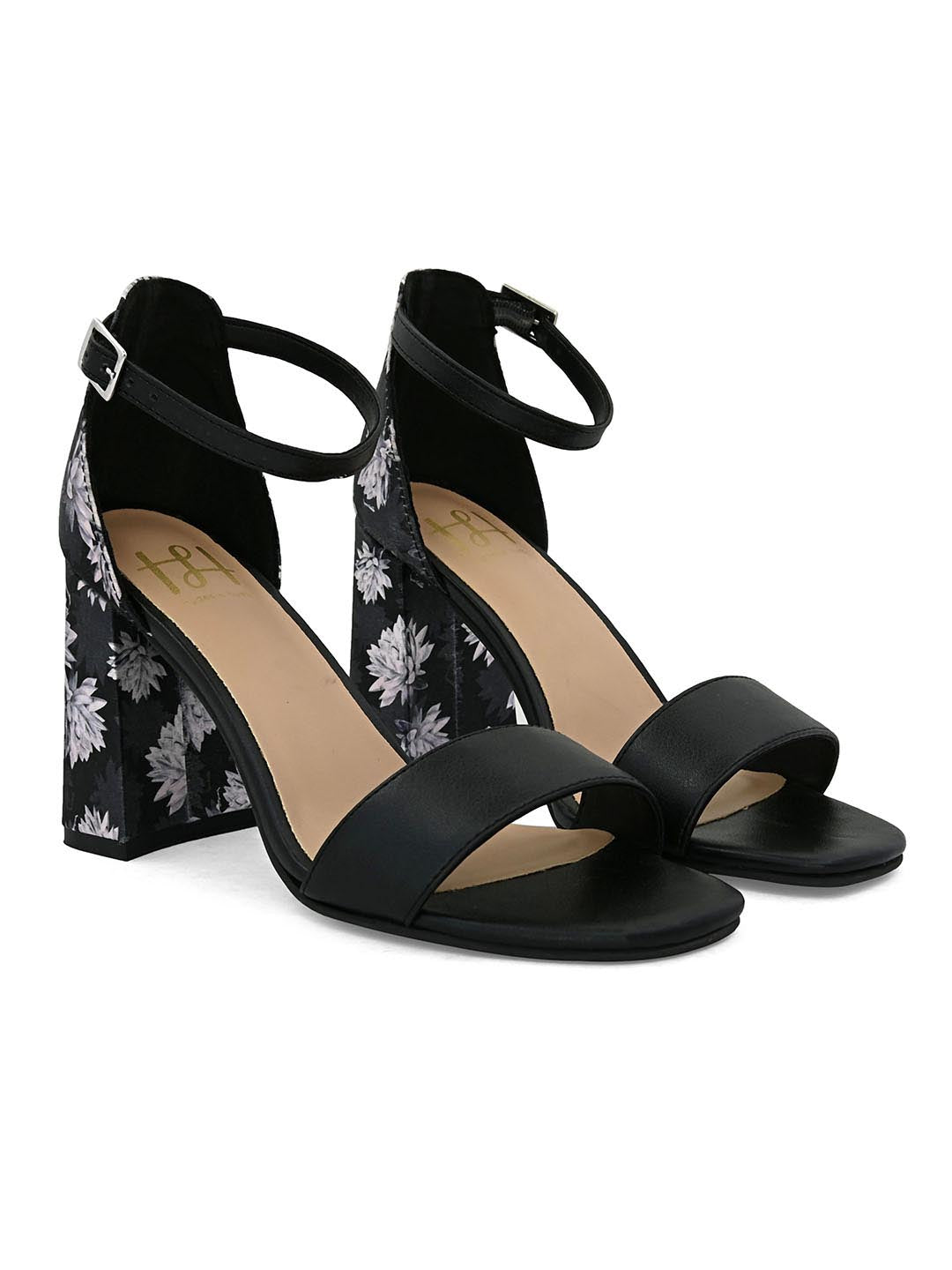 Hydes N Hues Black Block Heels With Printed Fabric Heel