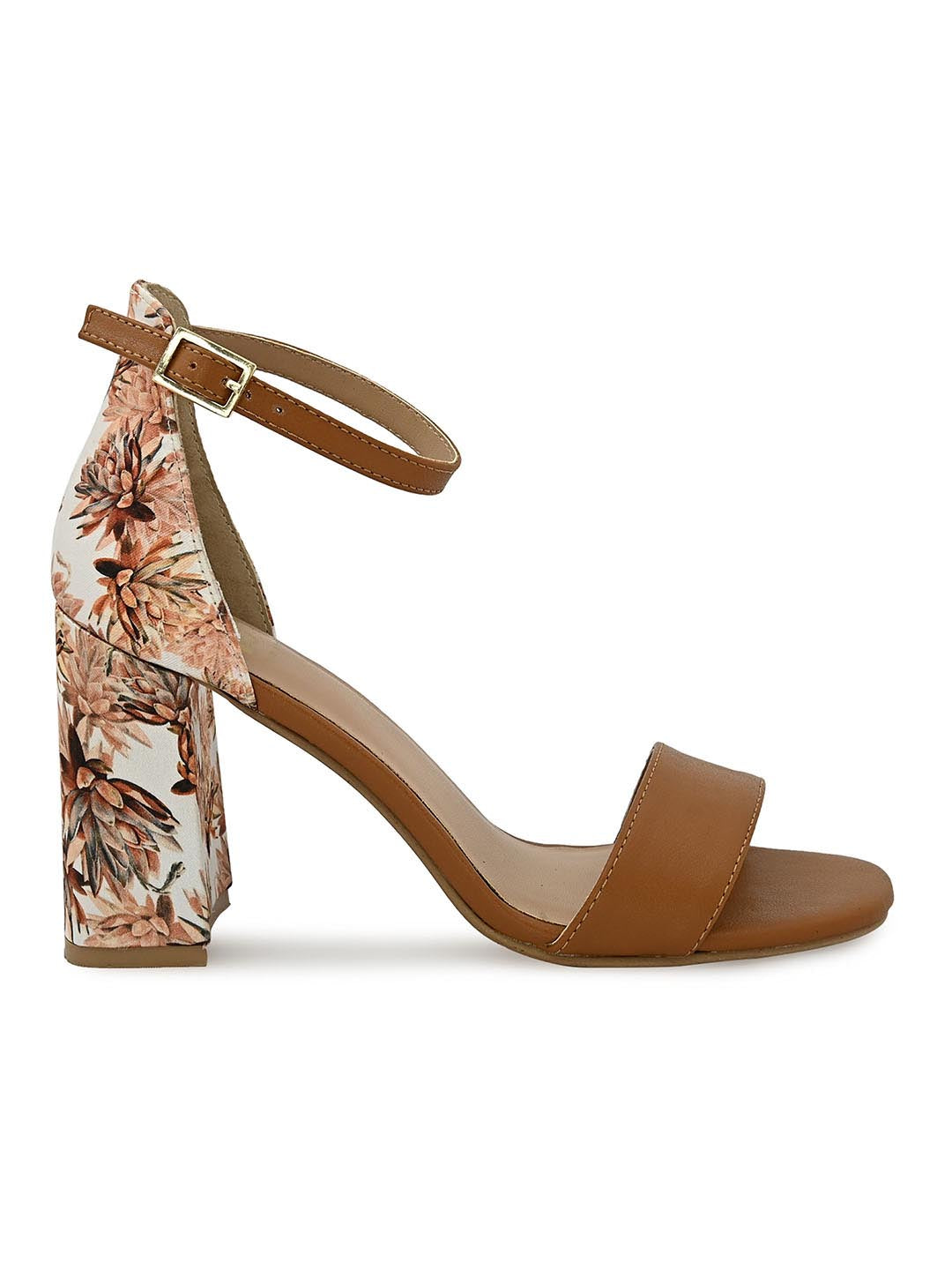 Hydes N Hues Tan Block Sandals with Printed Fabric Heels