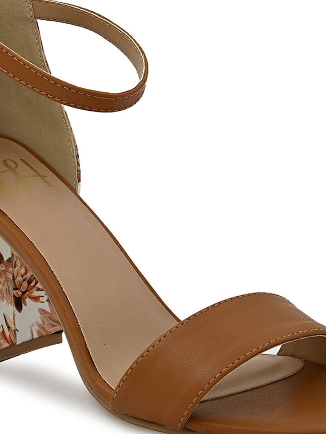 Hydes N Hues Tan Block Sandals with Printed Fabric Heels