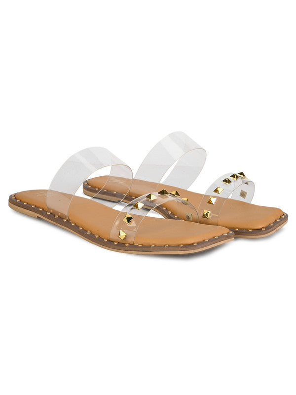 Hydes N Hues Tranparent With Golden Studs Flat Sandal For Women