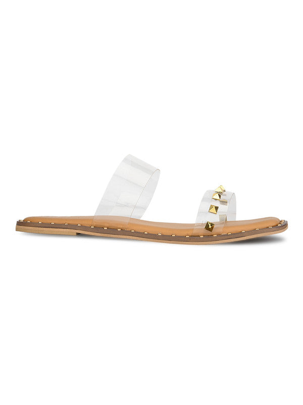 Hydes N Hues Tranparent With Golden Studs Flat Sandal For Women